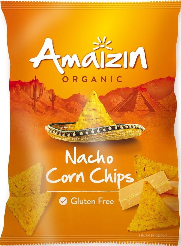 CHIPS DE MAÏS NACHOS AU GOÛT DE FROMAGE, SANS GLUTEN, BIO, 150 g - AMAIZIN DDM: 11-2026