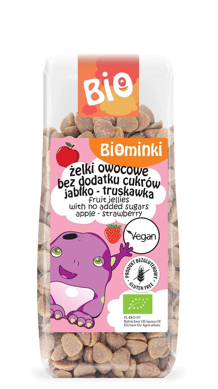 BONBONS GELIFIÉS AUX FRUITS SANS SUCRES AJOUTÉS POMME - FRAISE BIO 150 g - BIOMINKI DDM: 12-2026