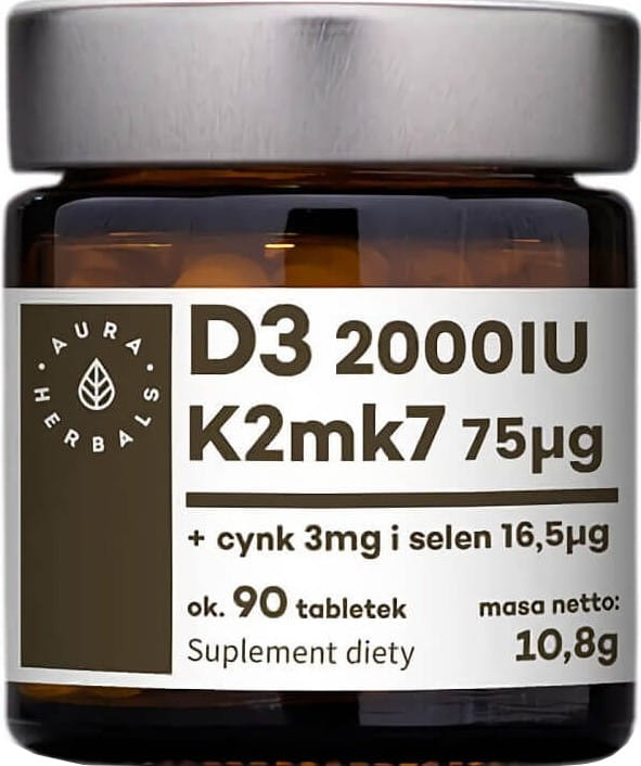 Vitamine D3 D - 3 2000 ui + K2 K - 2 75µg + zinc zinc 3mg + sélénium sélénium 165µg 90 comprimés 108g AURA HERBALS
