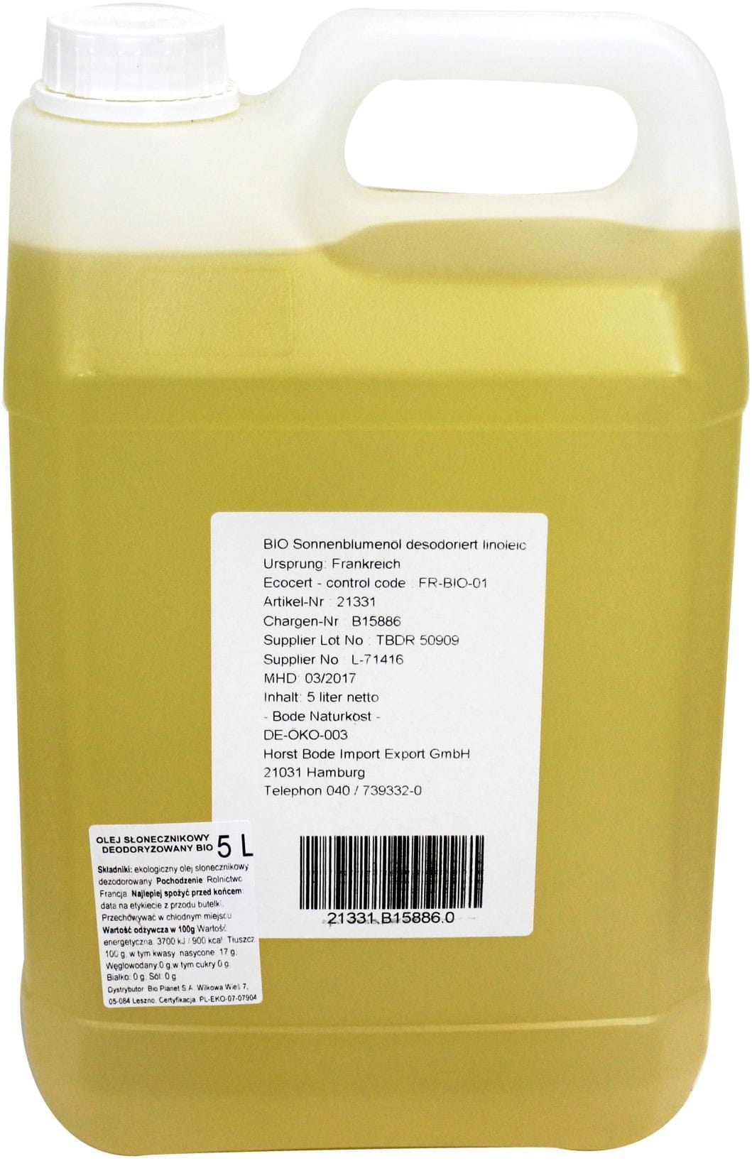 Huile de tournesol, inodore BIO 5000 ml - HORECA