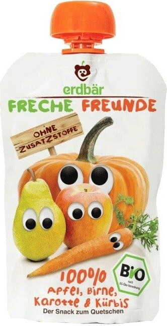 Mousse à presser pour enfants : pomme, poire, carotte, potiron, 100 g, bio, Freche Freunde Erdbar DDM: 12-2026