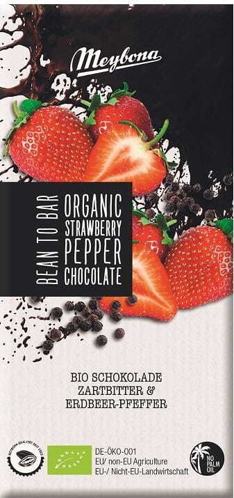 Chocolat noir aux morceaux de fraises et au poivre noir bio, 100 g - Meybona DDM: 11-2026